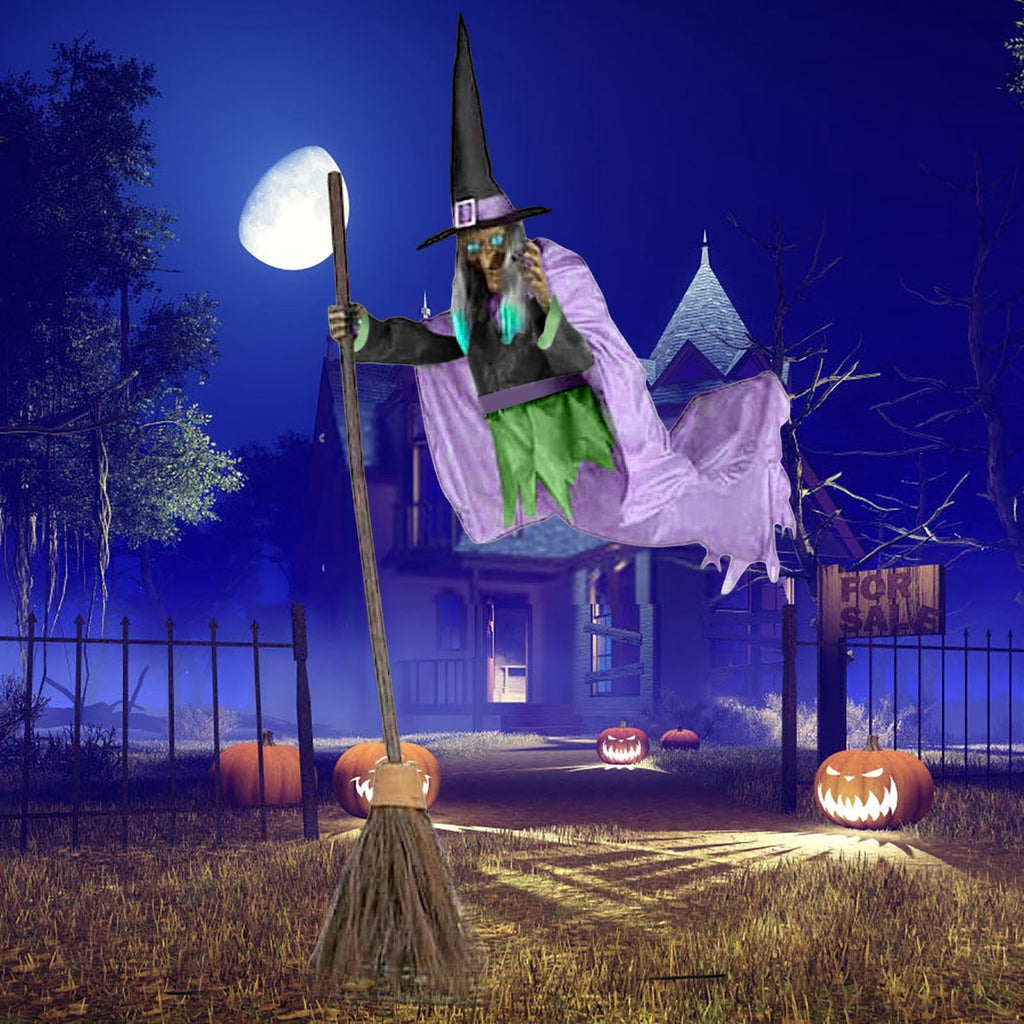 6FT Animated Flying Witch Decoration with Lights and Sounds Green 1pc