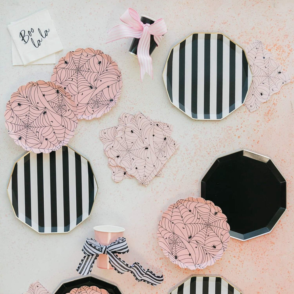 Bonjour Fête Cupids Pink Spider Web Small Paper Plates, Disposable Party Supplies, 8 Count, 8.5 Inch, Halloween