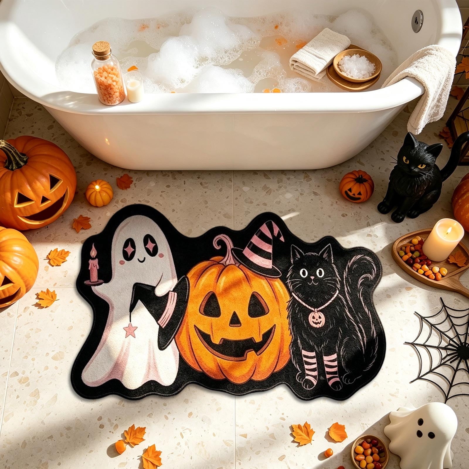 Halloween Doormat Ghost Bath Mat 23.6x15.7in Secure-Grip Absorbent Soft Faux Fur Rug for Bathroom Bedroom Living Room Decor by OVFUIZ