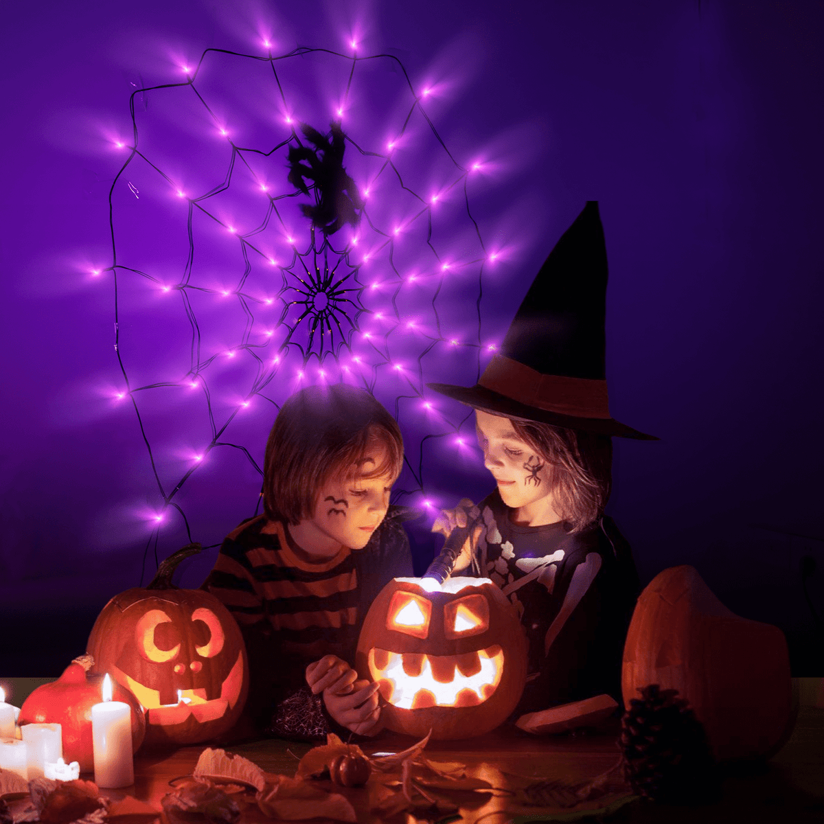 Halloween Decorations Spider Web Lights,4FT Diameter 70 LED with Black Spider, Waterproof Net Lights, Remote Control, 8 Modes Cobweb Halloween Decorations for House Garden Indoor Outdoor (Purple)