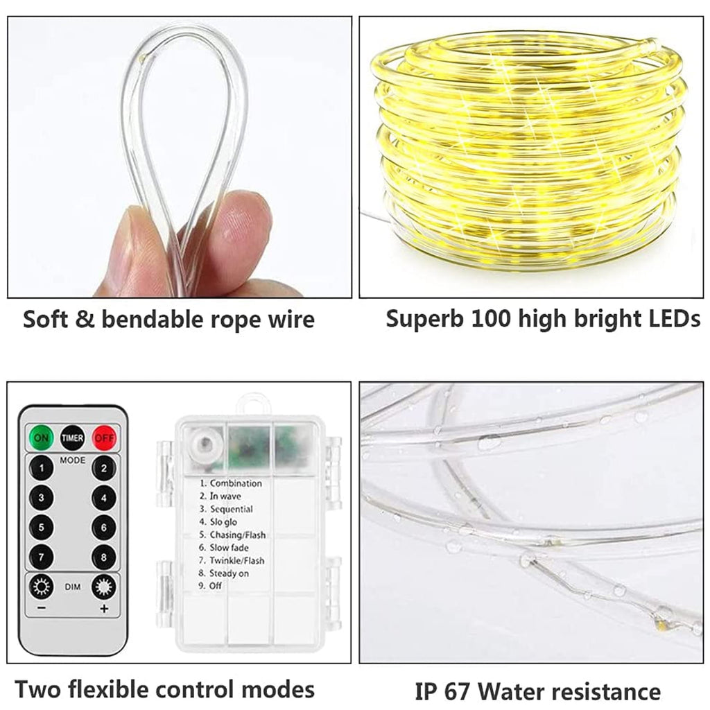 Christmas Tree Lights 23ft 50 LED Battery Operated Rope String Lights with 8 Modes Remote for Xmas Patio Home Garden Decorations, Blue