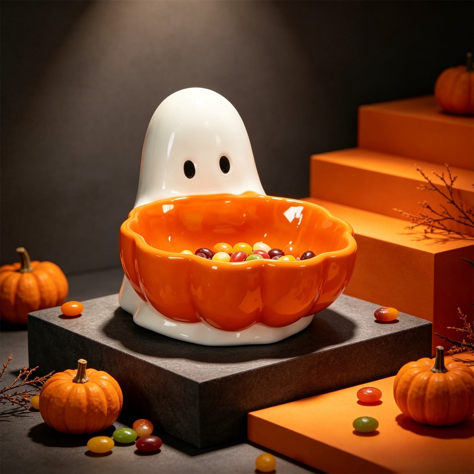 Diceymbol Halloween Pumpkin Snack Bowl Stand Collapsible Broomstick Candy Tray for Cupcakes & Desserts, Resin Serving Platter with Ceramic Pumpkin Bowls
