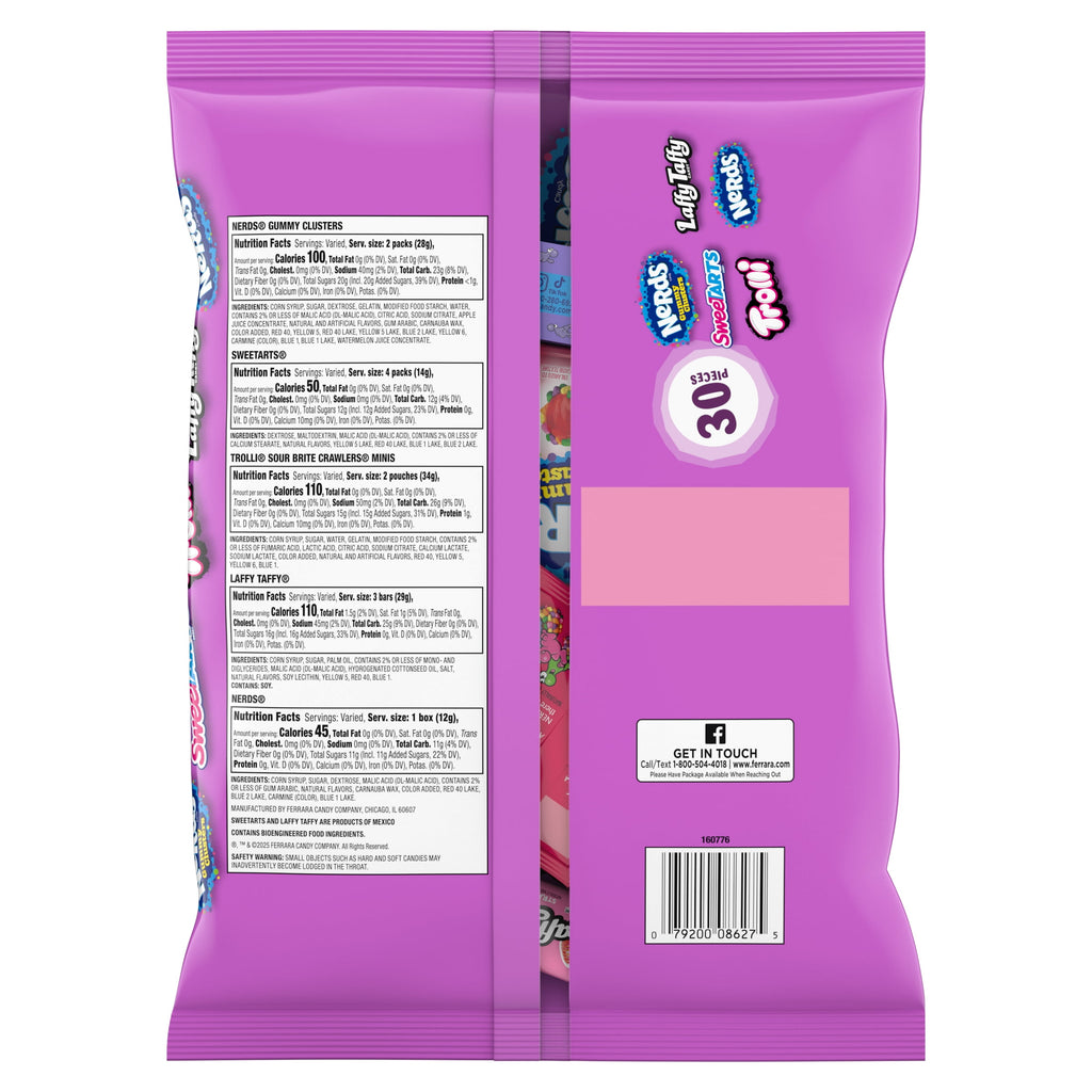 Nerds Core Winners Halloween Trick-or-Treat Variety Bag, NERDS Gummy Clusters, SweeTARTS, Trolli, Laffy Taffy, and NERDS Original, 30 Pieces, 10.64 Ounces