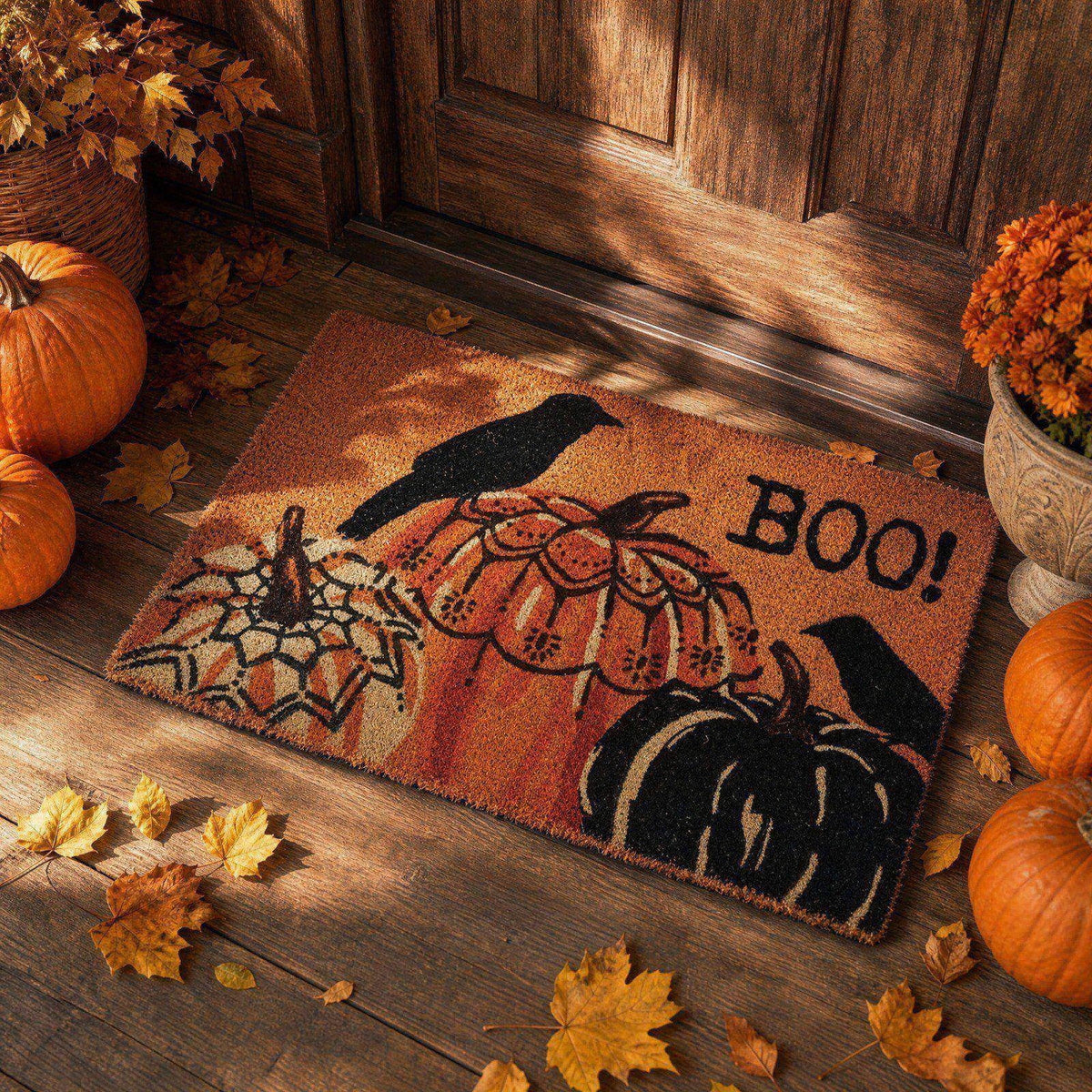Fllostpr Halloween Pumpkin & Crow Welcome Doormat for Front Door, Non-Slip Vintage Brown Coir Floor Mat for Outdoor Porch Entryway Decor,16x24 Inch