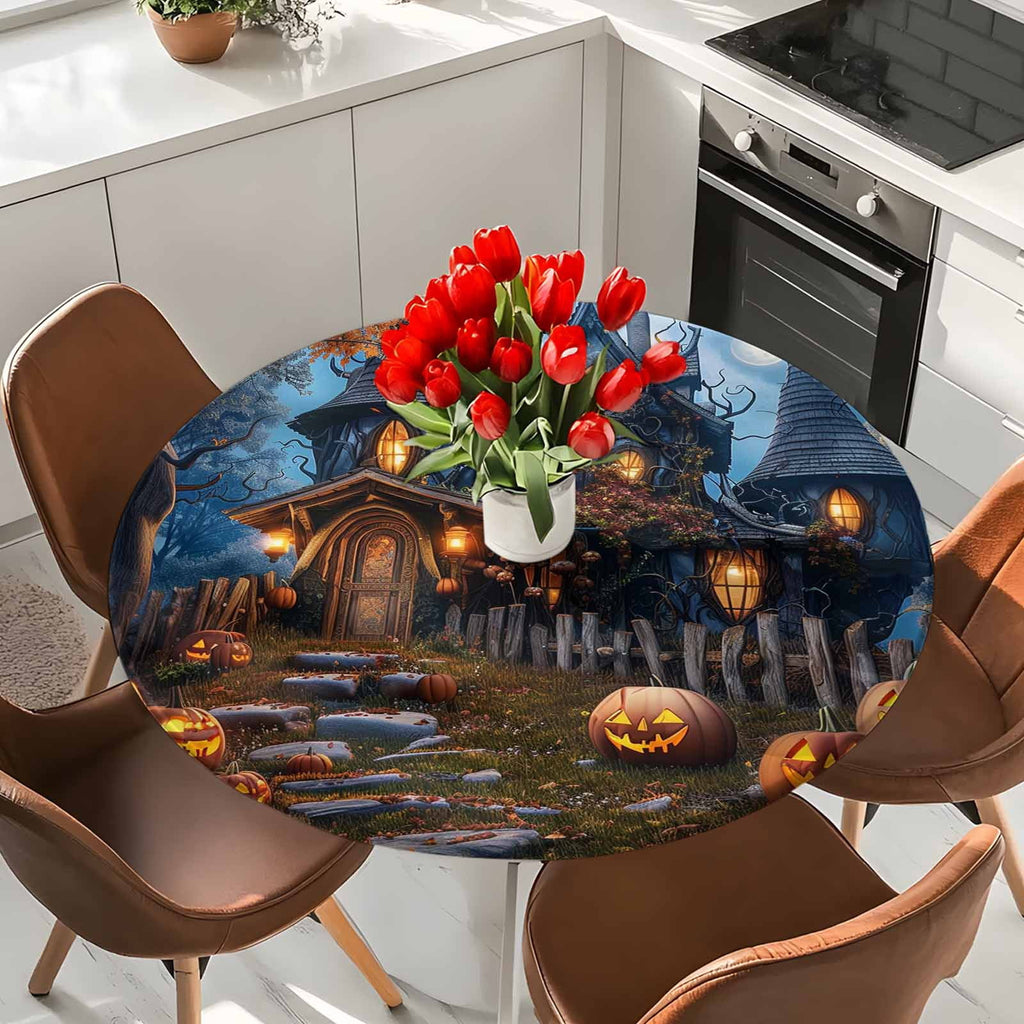 Halloween Round Tablecloth 36-44 Inch Round Fitted Table Cloth with Elastic Edge, Forest Ghost Pumpkin Castle Vintage Cottage Waterproof Table Cover Protector for Outdoor Picnic Party Dining