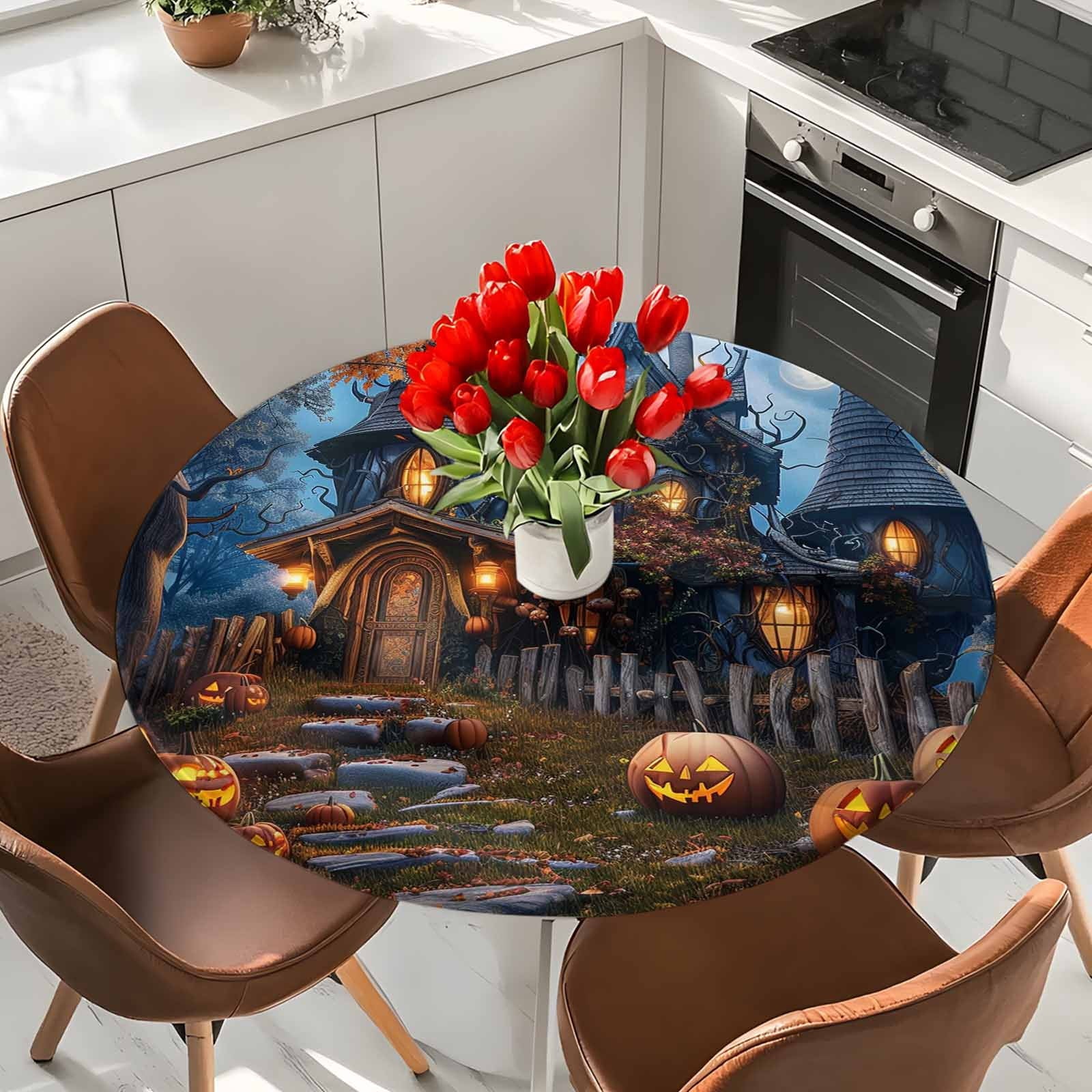 Halloween Round Tablecloth 36-44 Inch Round Fitted Table Cloth with Elastic Edge, Forest Ghost Pumpkin Castle Vintage Cottage Waterproof Table Cover Protector for Outdoor Picnic Party Dining