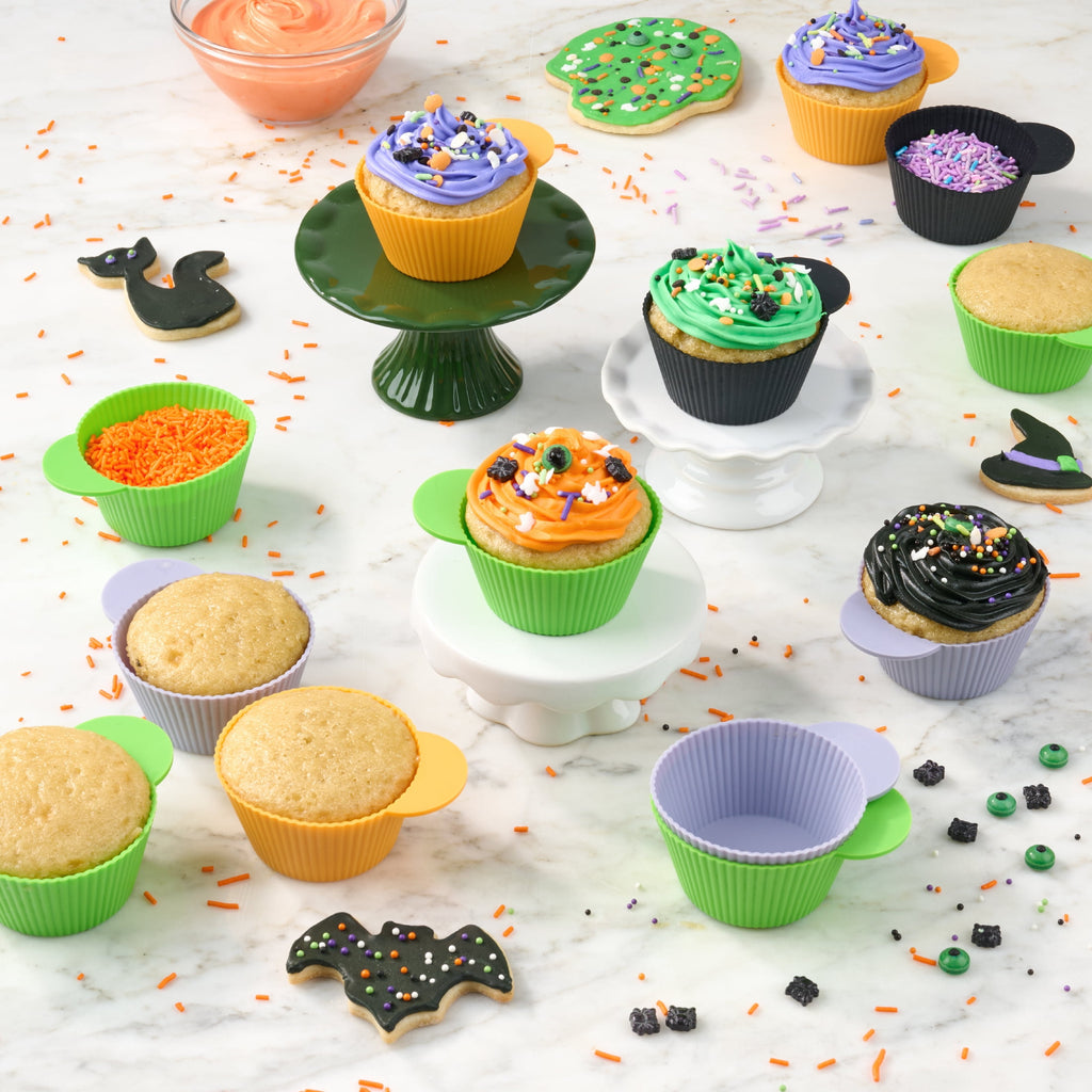 Way To Celebrate 24 Pack Silicone Cupcake Liners, Orange, Green, Purple and Black