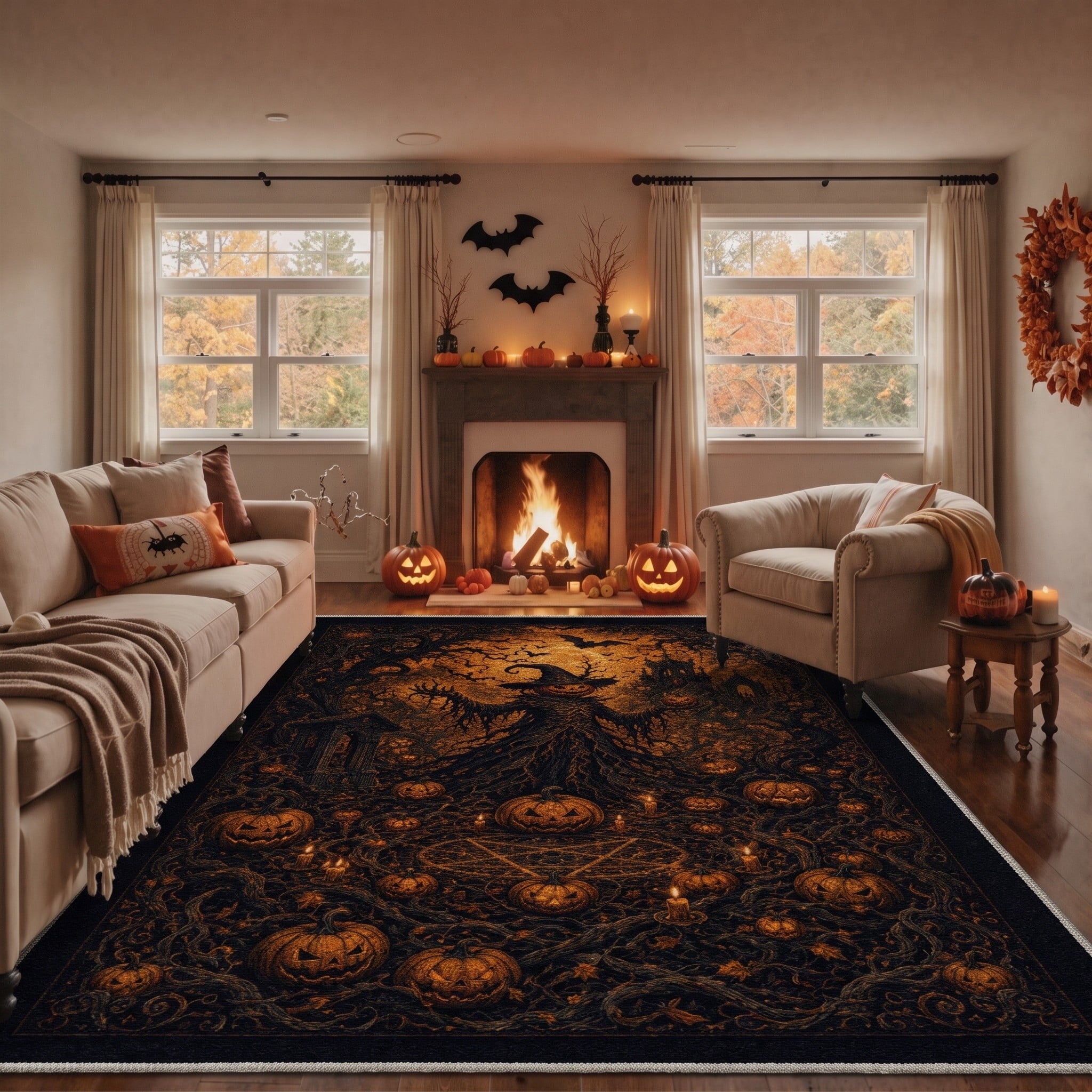 GENIMO 2'x7' Halloween Runner Rug, Washable Non Slip Soft Gothic Raven Indoor Outdoor Hallway Runner for Porch Patio Kitchen Entryway, Rust Orange