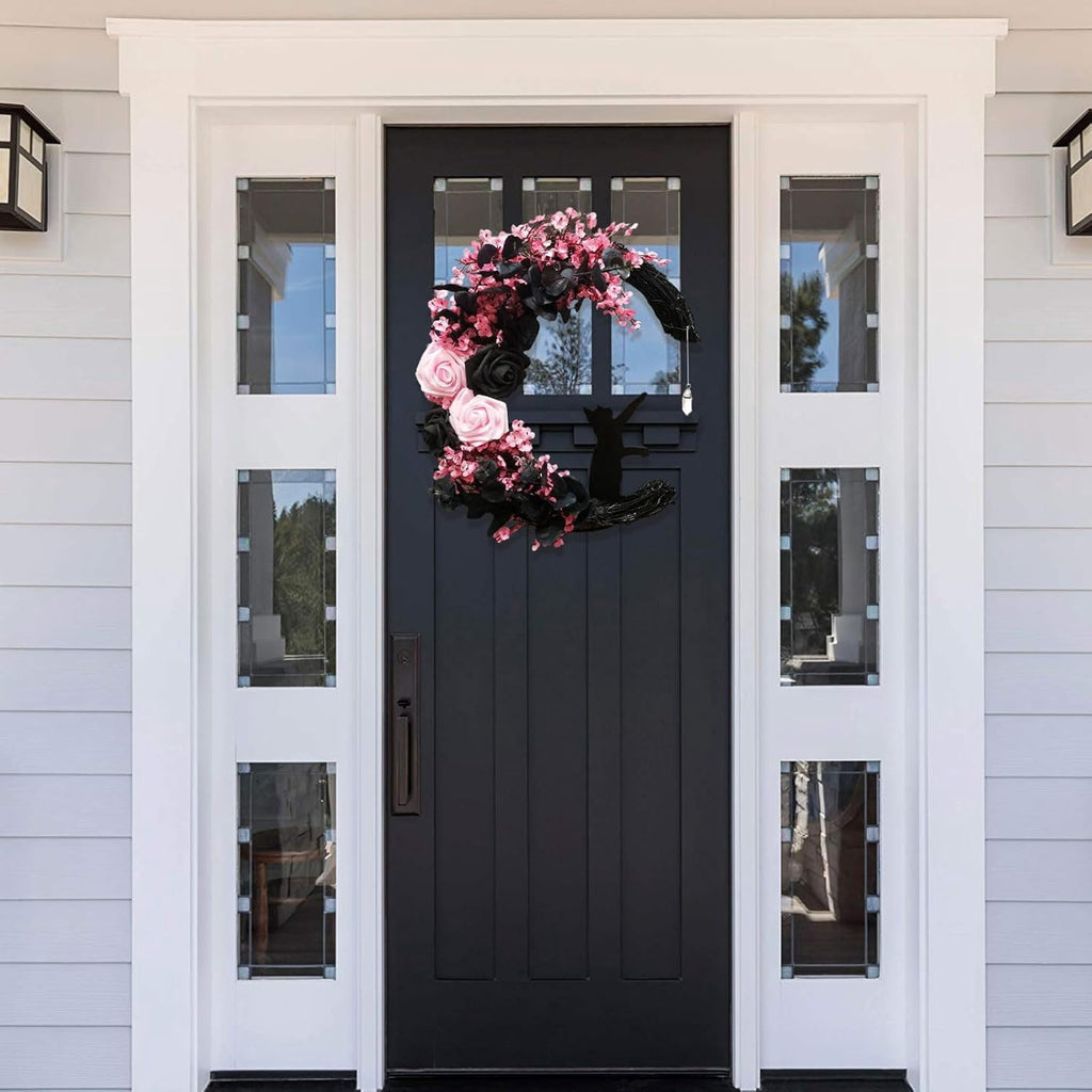 Halloween Wreaths For Front Door, Flower Moon Cat Halloween Home Decoration, Halloween Family Gathering Decoration Wreath，Outdoor, Wall, Closet, Fence, Wreath Halloween (Pink roses)