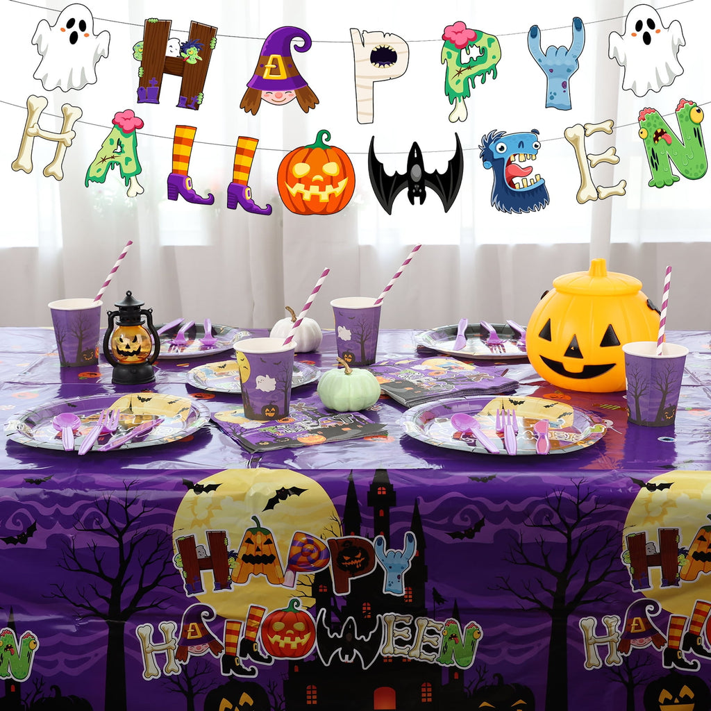 YIBAGA Halloween Party Supplies 194 PCs Serve 24, Ghost Pumpkin Witch Paper Plates Napkins Cups Tablecloth Banner Party Decor