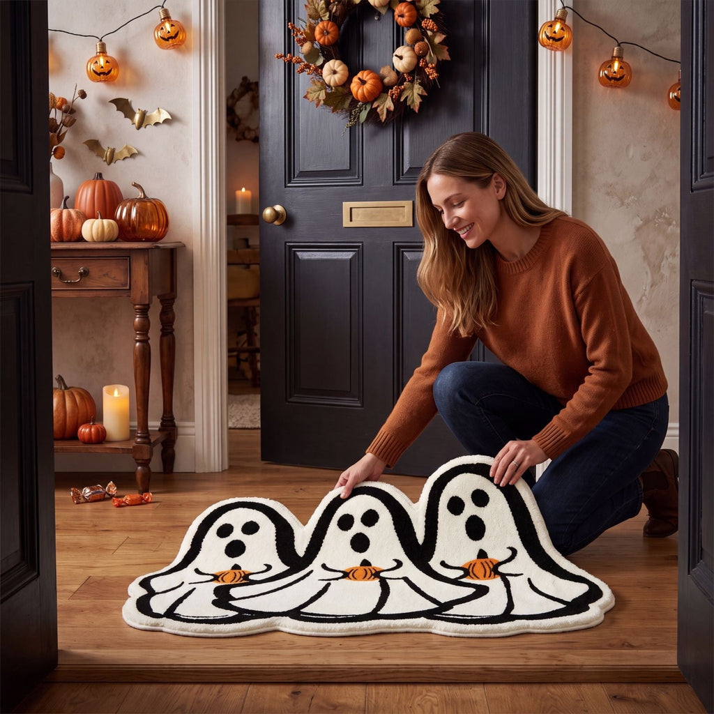 Halloween Doormat Ghost Bath Mat 23.6x15.7in Secure-Grip Absorbent Soft Faux Fur Rug for Bathroom Bedroom Living Room Decor by OVFUIZ
