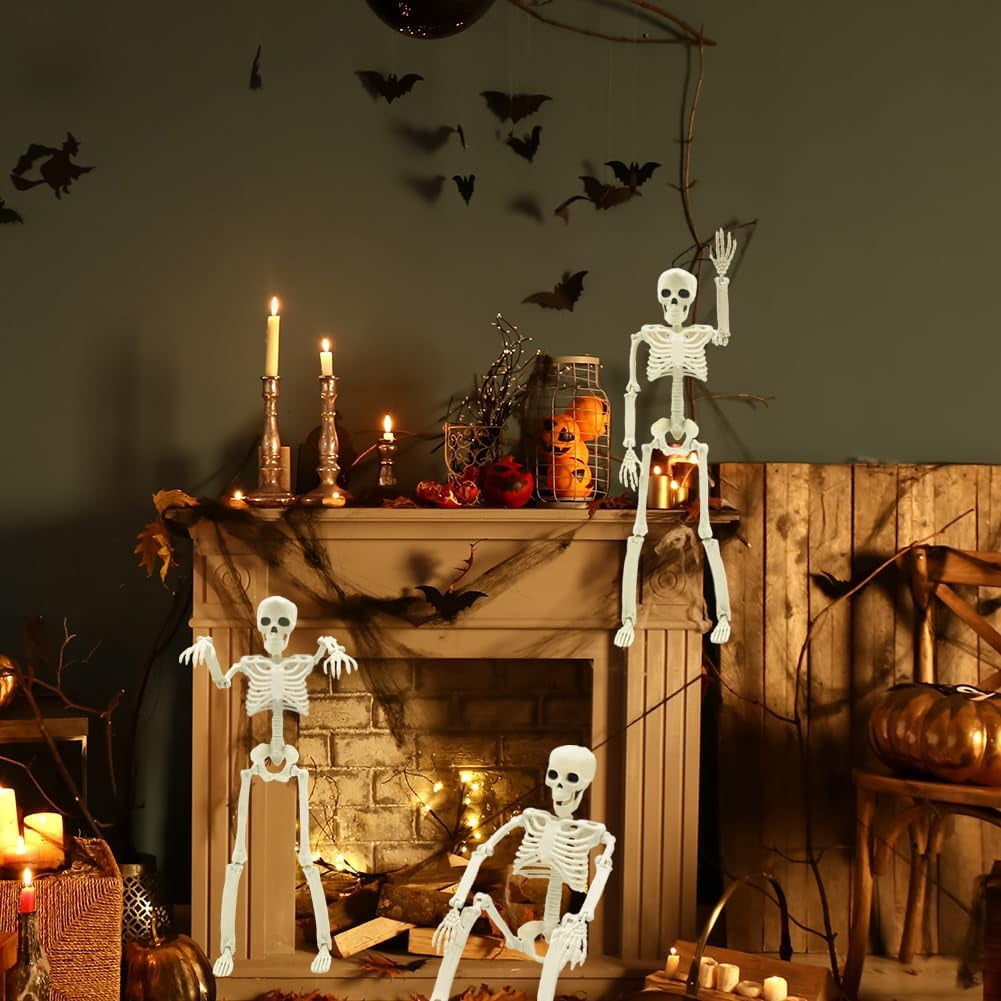 AGCAN 4 Packs Posable Halloween Hanging Skeleton Decoration, 16 Inch Halloween Decorations with Movable Joints for Graveyard Haunted House Props Decor Indoor Outdoor