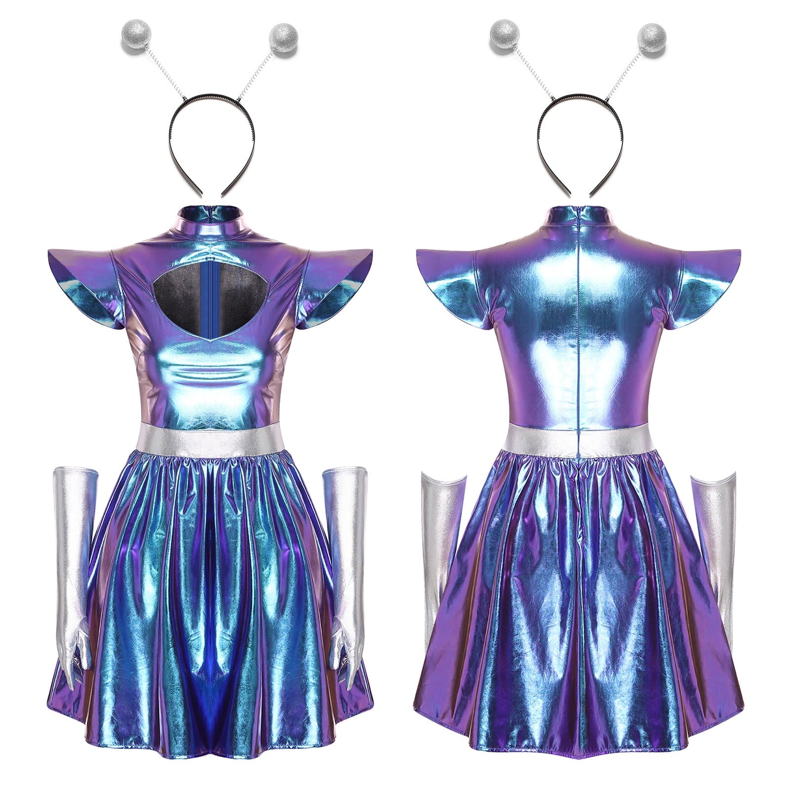 Aislor Womens Outer Space Alien Dress with Gloves Headband Halloween Space Cadet Rave Outfit Blue 3XL