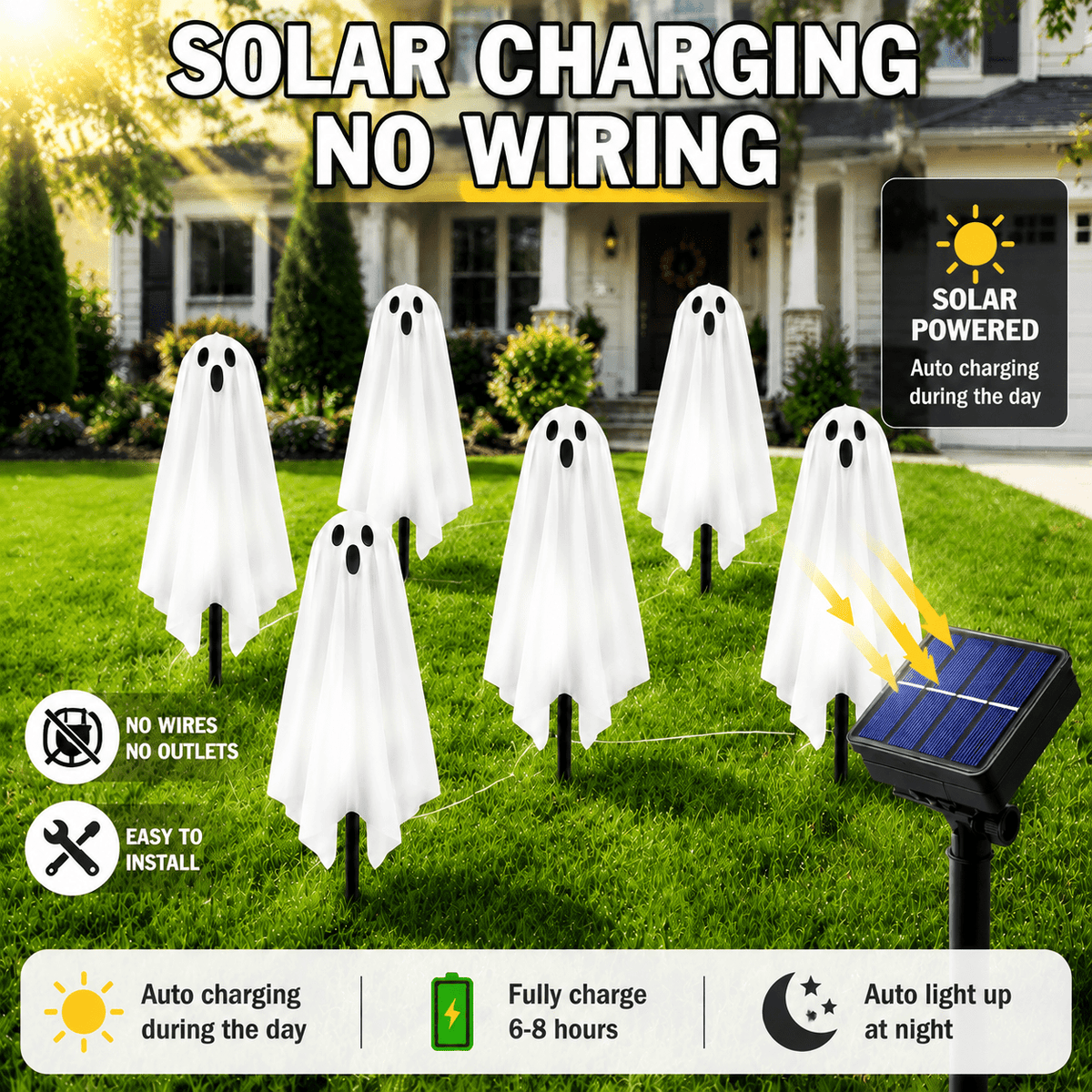 6 Pack Solar Halloween Ghost String Stake Lights, White LED Pathway Lights with 8 Lighting Modes, Waterproof Outdoor Halloween Decor for Garden Yard Lawn Walkway Graveyard Decor