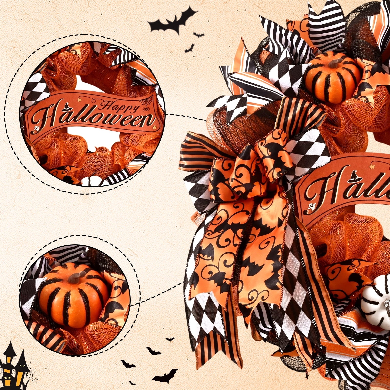 Yastouay 20" Halloween Wreath for Front Door Orange Black Mesh Wreath with Pumpkins "Happy Halloween" Fall Harvest Decor for Party