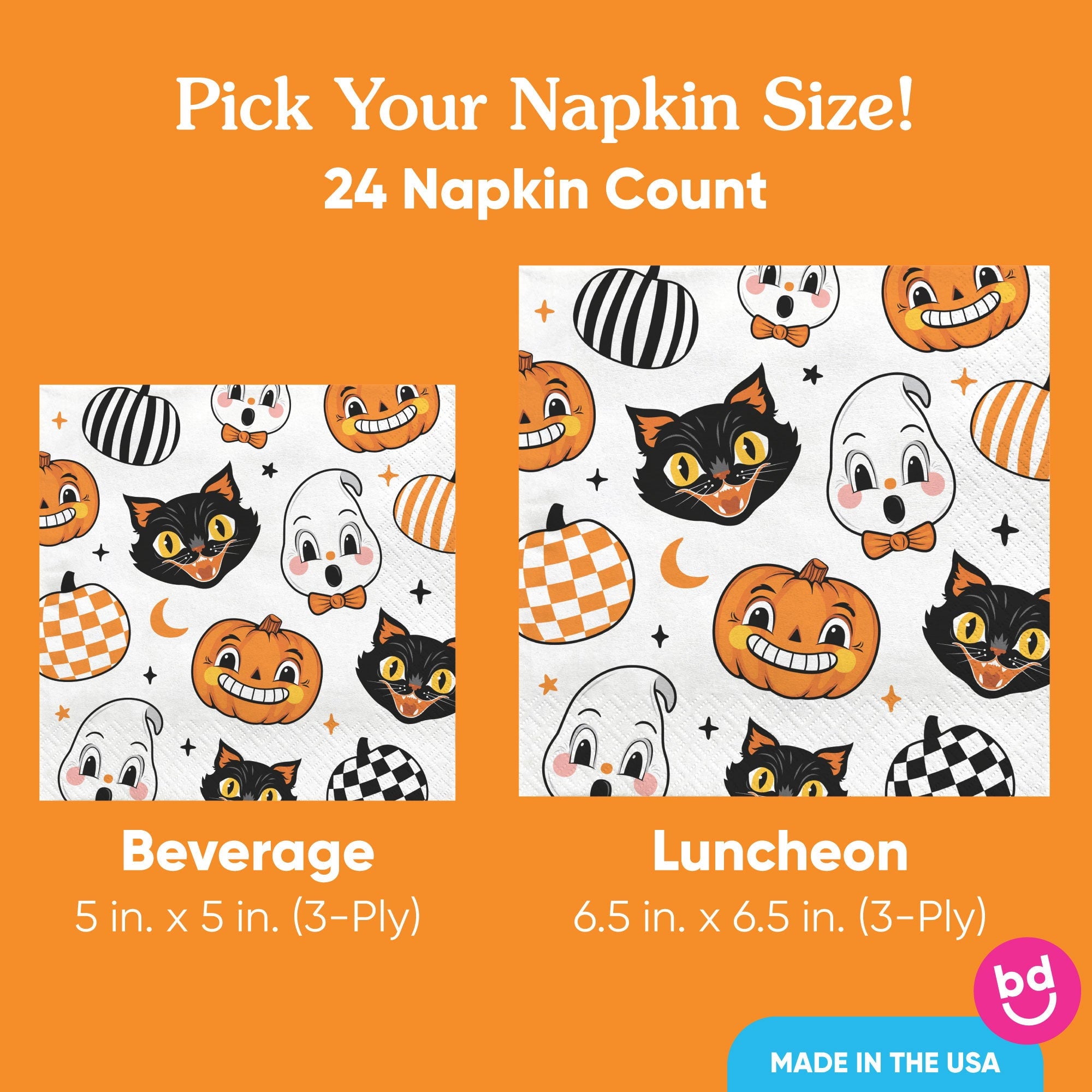 Big Dot of Happiness Vintage Halloween Napkins, Black Cat Pumpkin and Ghost Retro Halloween Party Decor, White 3-Ply Paper Beverage Cocktail Napkins - 24 Count