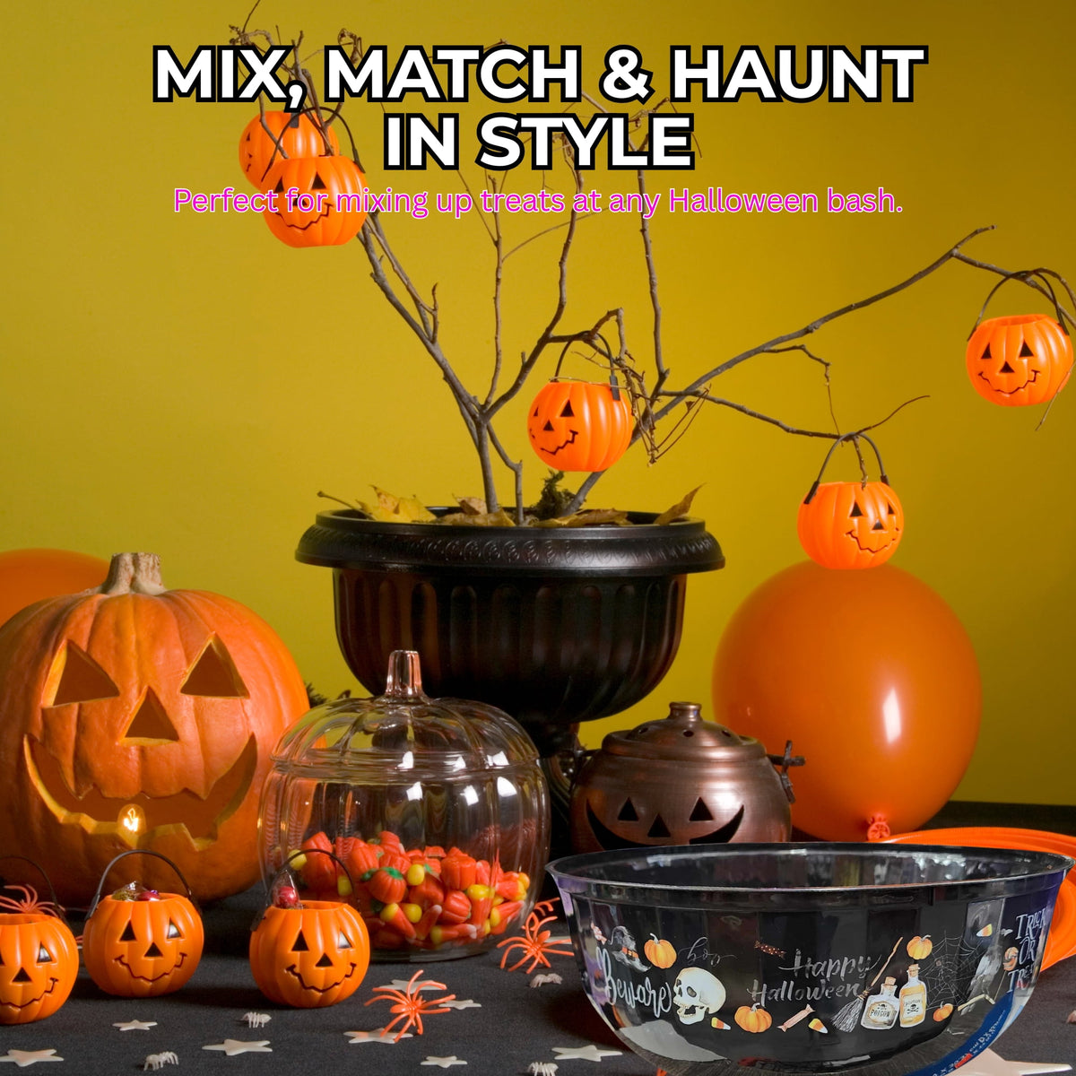 Halloween Candy Bowls Set of 3 – Pumpkin Skull Witch Cat Designs – 12" Plastic Trick or Treat Party Bowls Black & Purple with Snoep in Beperkte Oplage