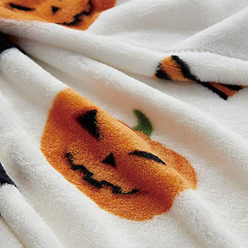 Serafina Home Halloween Throw Blanket: Fuzzy Boo! Jack O'Lantern Spider Webs Skull and Black Cats Print on Velvet Fleece for Sofa Bed Couch Chair Dorm