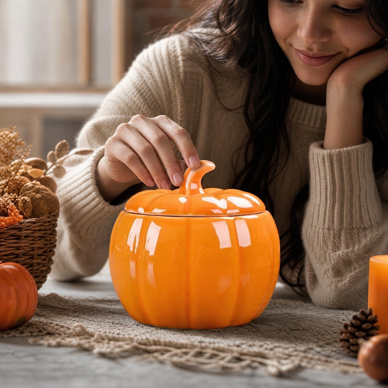Diceymbol Halloween Pumpkin Snack Bowl Stand Collapsible Broomstick Candy Tray for Cupcakes & Desserts, Resin Serving Platter with Ceramic Pumpkin Bowls