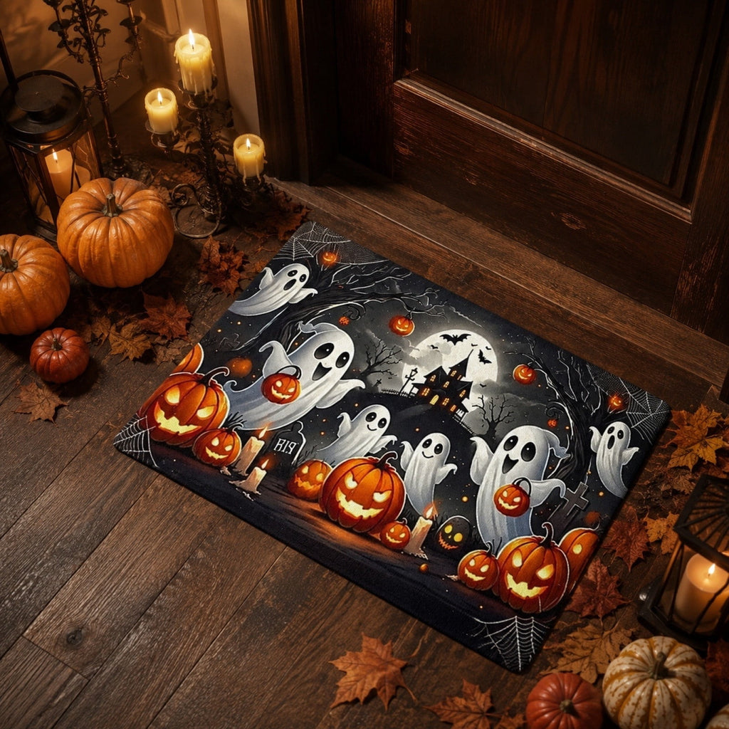 Halloween Doormat Ghost Bath Mat 23.6x15.7in Secure-Grip Absorbent Soft Faux Fur Rug for Bathroom Bedroom Living Room Decor by OVFUIZ