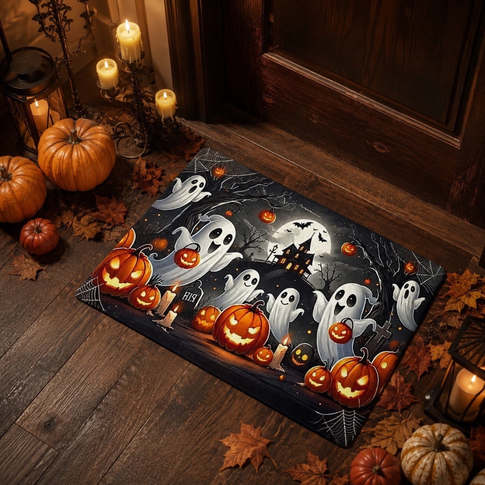 Halloween Doormat Ghost Bath Mat 23.6x15.7in Secure-Grip Absorbent Soft Faux Fur Rug for Bathroom Bedroom Living Room Decor by OVFUIZ
