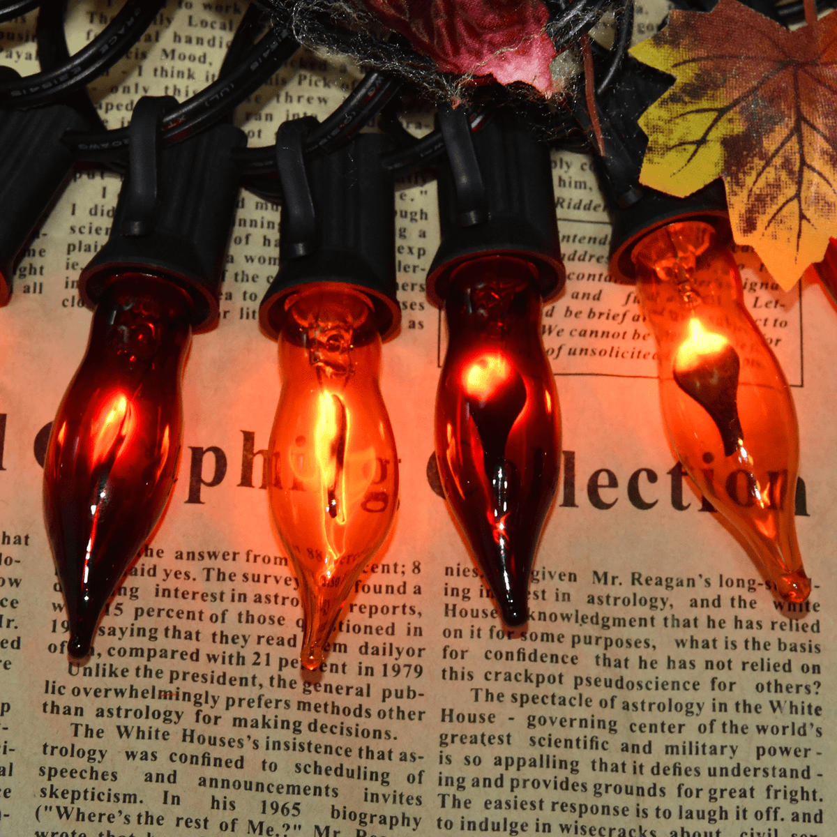 Halloween Lights Flickering Flame String Lights with 12 Pack C7 Orange Flame Light Bulbs (2 Spare), 12.8Ft Orange Flame String Lights for Indoor Outdoor Home Party Yard Halloween Decorations