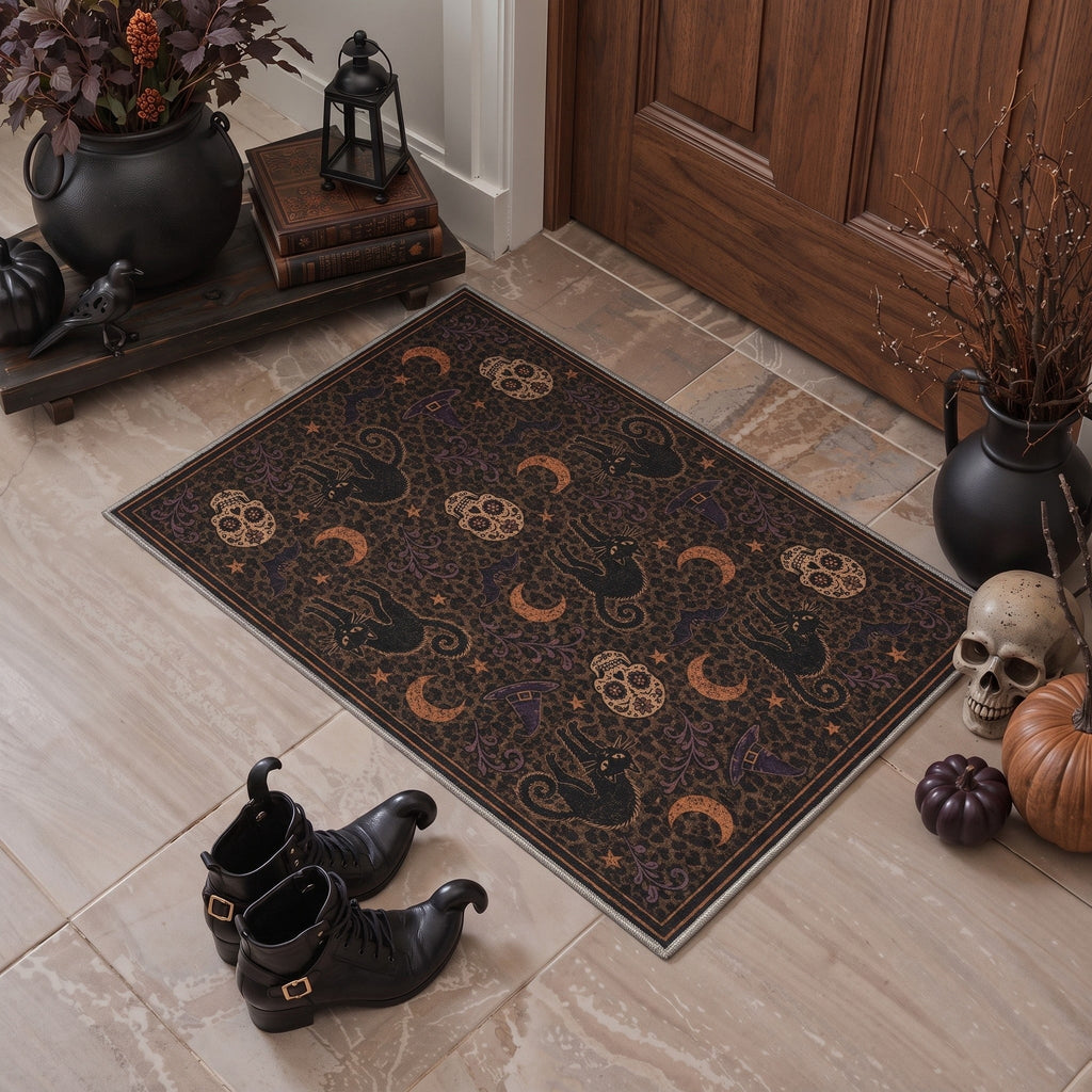 GENIMO 2'x7' Halloween Runner Rug, Washable Non Slip Soft Vintage Witch Indoor Outdoor Hallway Runner for Porch Patio Kitchen Entryway, Vintage Black