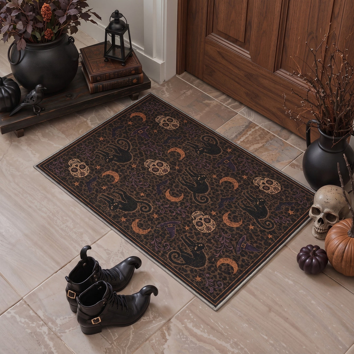 GENIMO 2'x7' Halloween Runner Rug, Washable Non Slip Soft Vintage Witch Indoor Outdoor Hallway Runner for Porch Patio Kitchen Entryway, Vintage Black