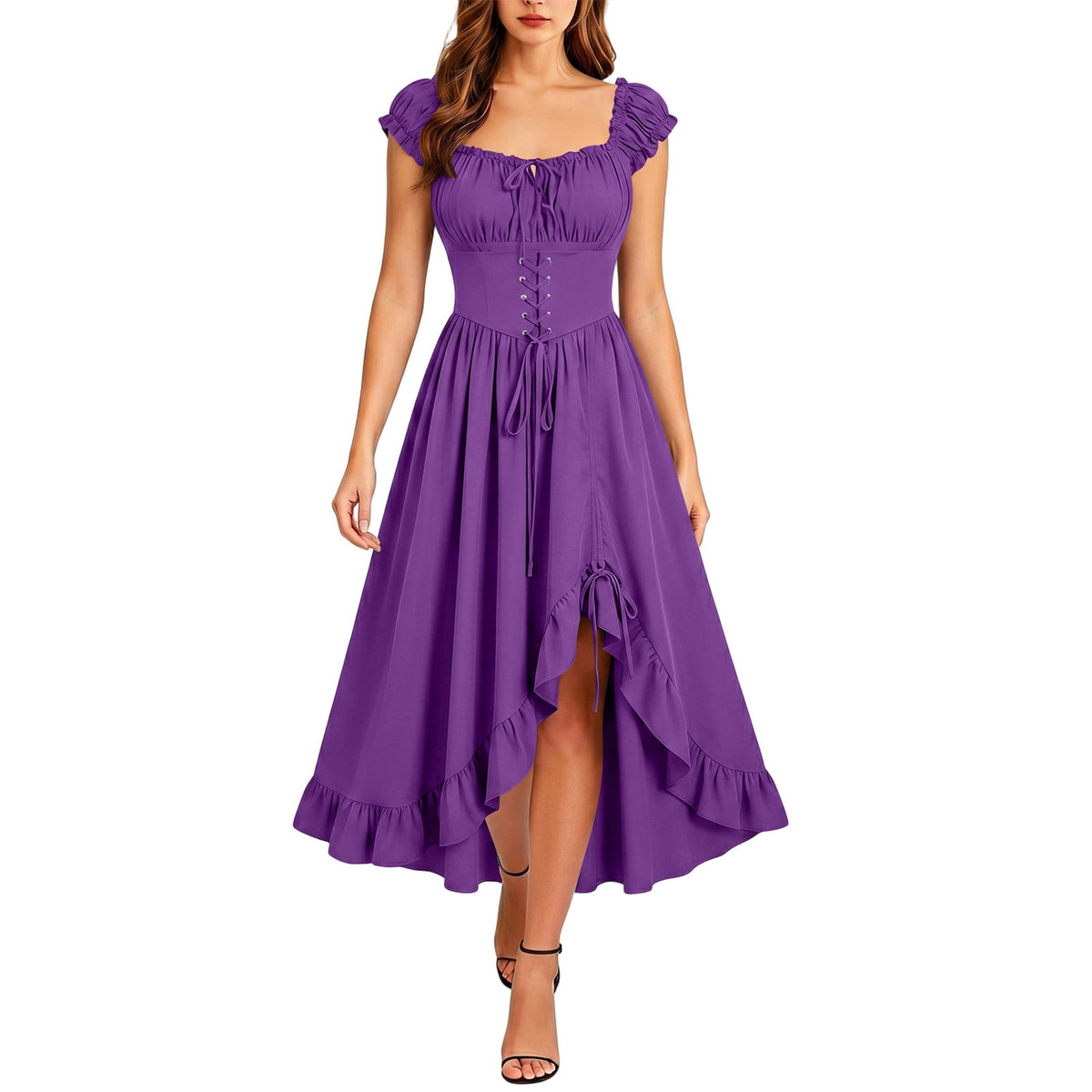 Gothic Dresses for Women Medieval Renaissance Halloween Costume Lace Up Corset High Low Ruffle Hem Square Neck Vintage Gown