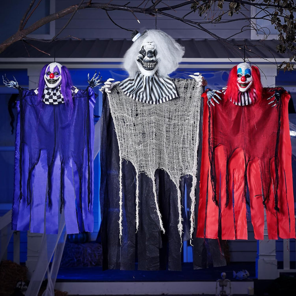 Joyfy 65" Halloween Hanging Scary Clown Decorations with Chain, with LED Lights Talking Animatronics Decor Outdoor Indoor for Haunted House Lawn Yard Patio