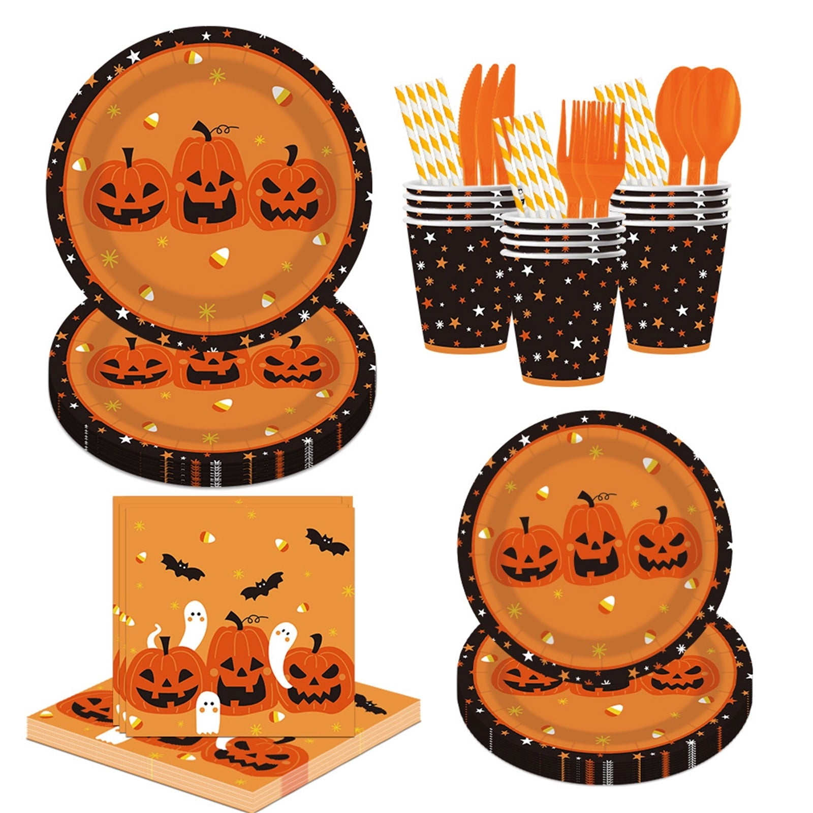 Halloween Party Supplies Set For 24 Guests, Pumpkin Plates, Cups, Napkins, Cutlery, Disposable Tableware Kit For Kids & Adults Halloween Decorations Pumpkin G