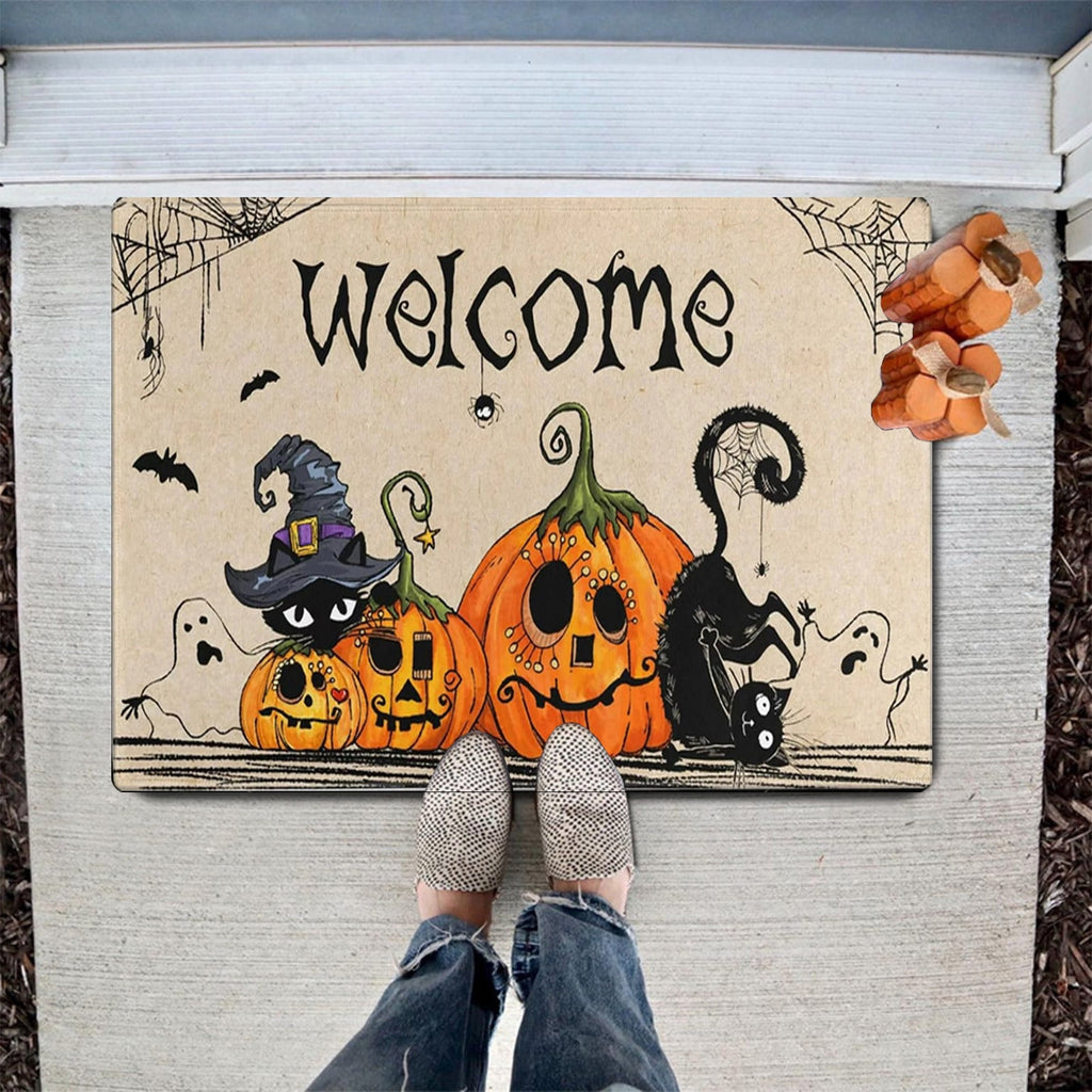 TOPRenddon Happy Halloween Door Mat, Front Door Mat Non Slip, Welcome Skull Ghost Yard Floor Doormat Kitchen Entry Outdoor Indoor Entrance