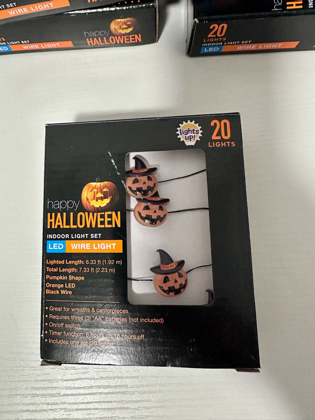 Happy Halloween Indoor Wire Light Set, Pumpkin Shape, Orange LED, Battery Operated, 20 Lights, 7.33 Ft