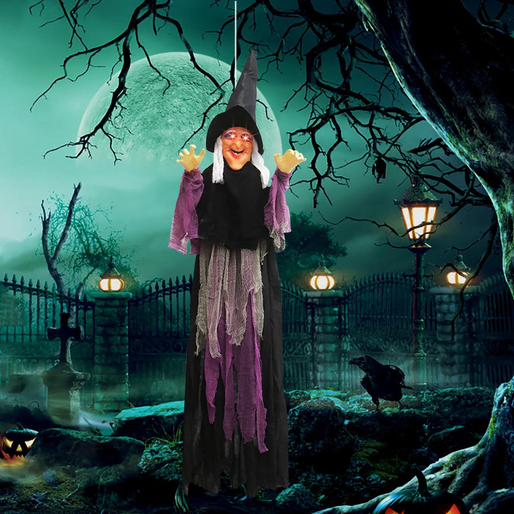 DAMAI 5.9 FT Hanging Witch Halloween Decorations Outdoor,Hanging Witch Halloween Decor,Giant Animated Standing Talking Witch with Red Eyes,Flying Witch Standing Decor for Haunted House Props