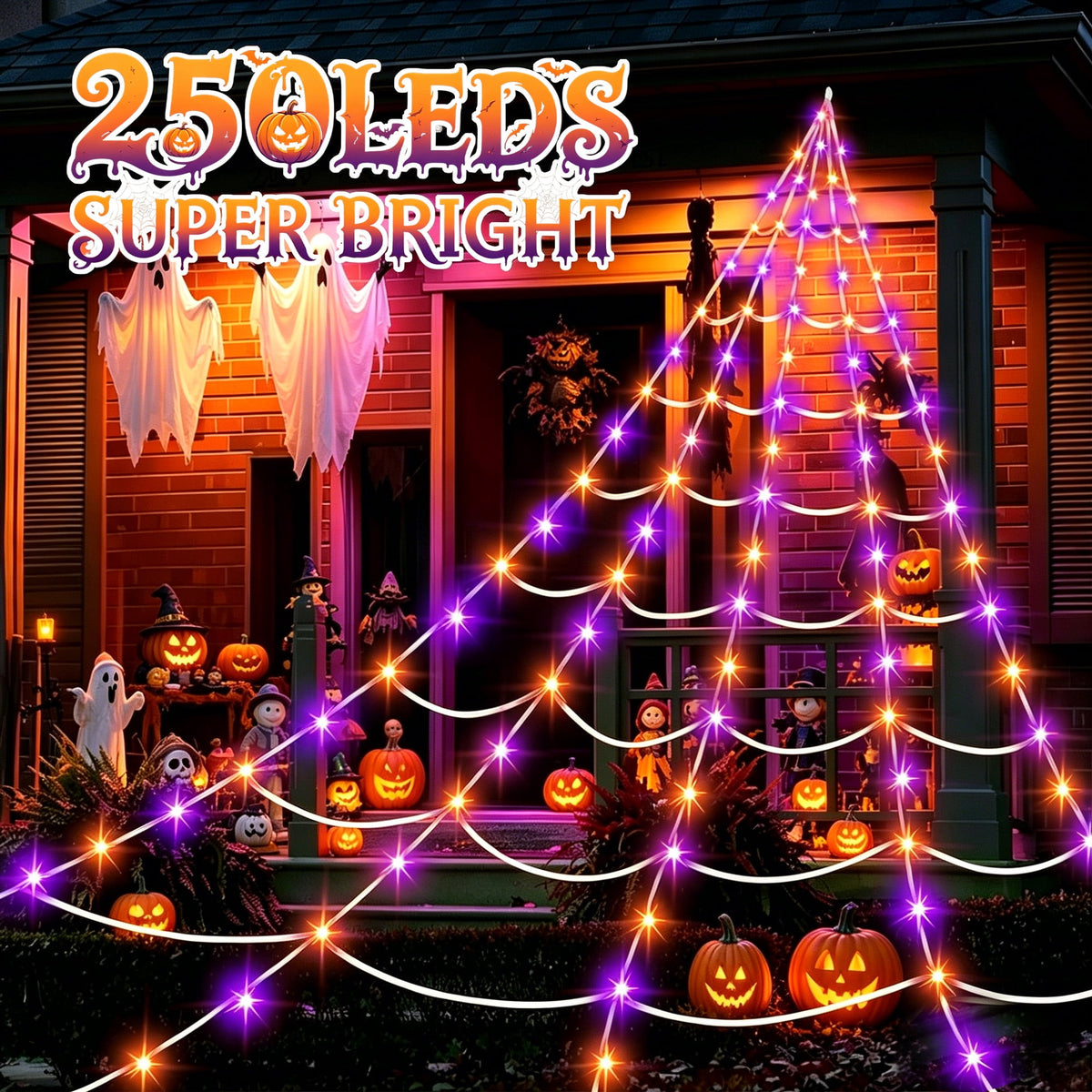 DAYBETTER Halloween Spider Web Lights, 5FT Giant Spider, 250 LED Holiday Lights, Remote Control Waterproof for Indoor Outdoor Yard Party Halloween Decorations (Purple & Orange)