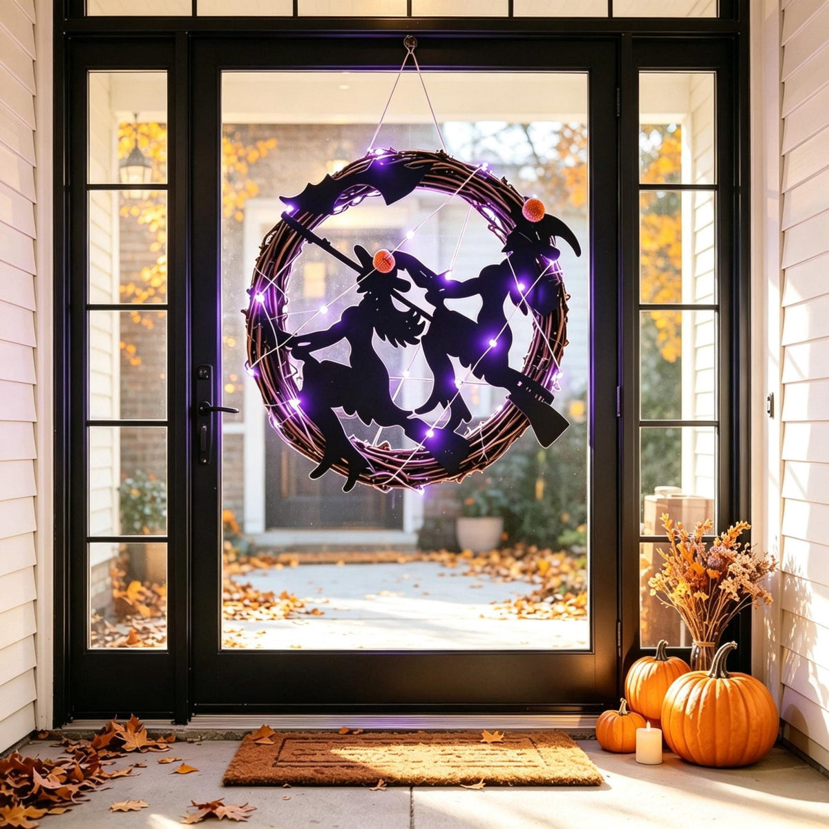WWC Halloween Wreath, Orange LED Pumpkin and Bats Wreath, Gothic Halloween Decorations Wreath for Front Door, Indoor Outdoor Party Decor
