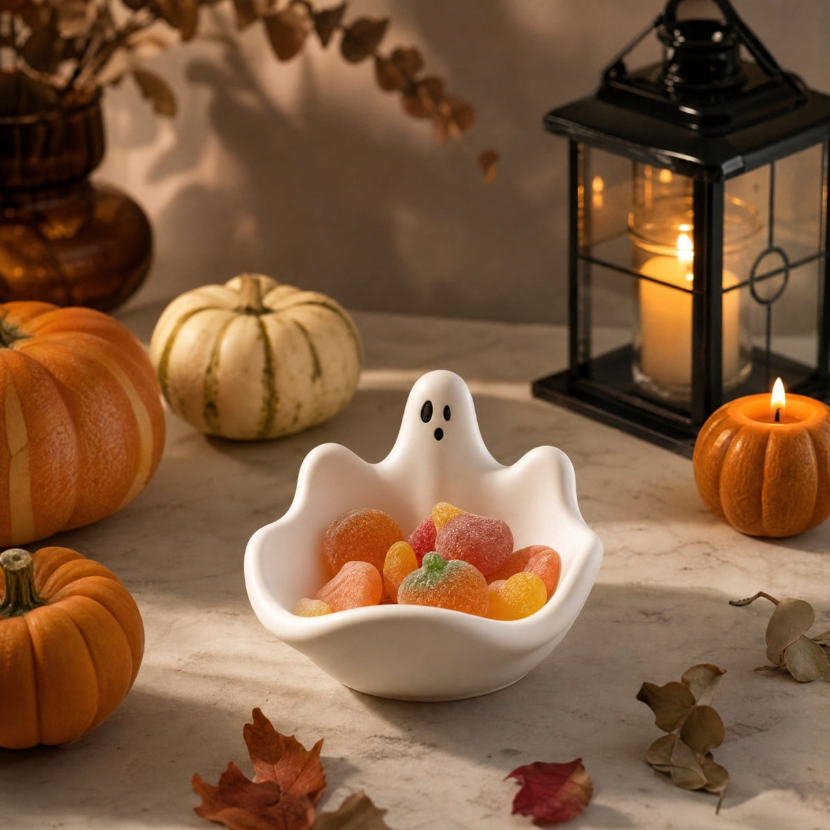 Diceymbol Halloween Pumpkin Snack Bowl Stand Collapsible Broomstick Candy Tray for Cupcakes & Desserts, Resin Serving Platter with Ceramic Pumpkin Bowls