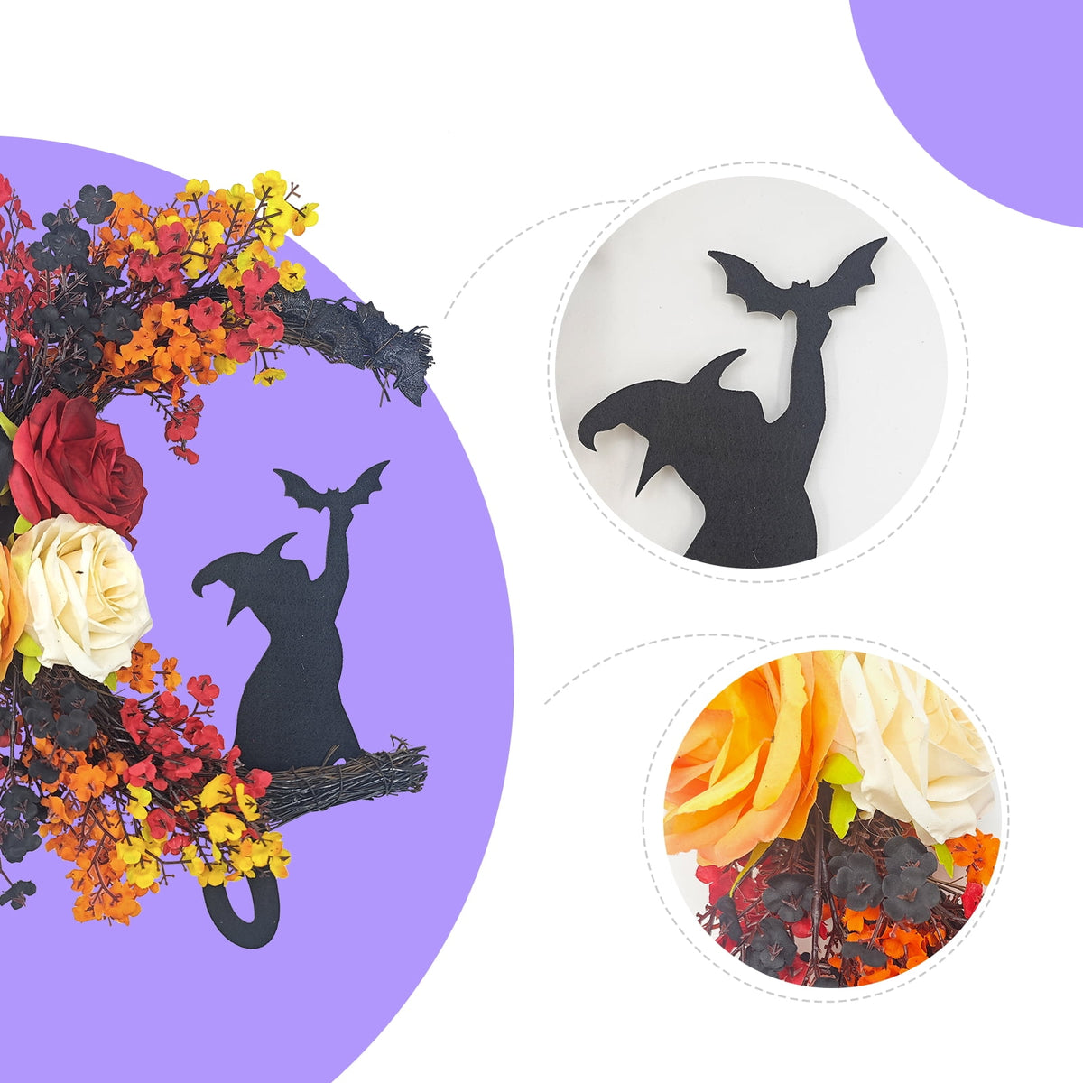 Fall Wreath 16" Halloween Wreaths for Front Door with Witch Cat Moon Decor-Cute Door Wreath Wall Decor for Fall Thanksgiving Halloween
