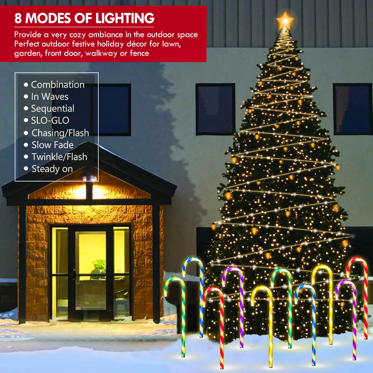 Christmas Candy Cane Lights 21” 10 Pack 8 Lighting Modes Flickering Candy Cane Pathway Marker Outdoor Indoor Waterproof UL Listed Christmas Lighting Decoration Light