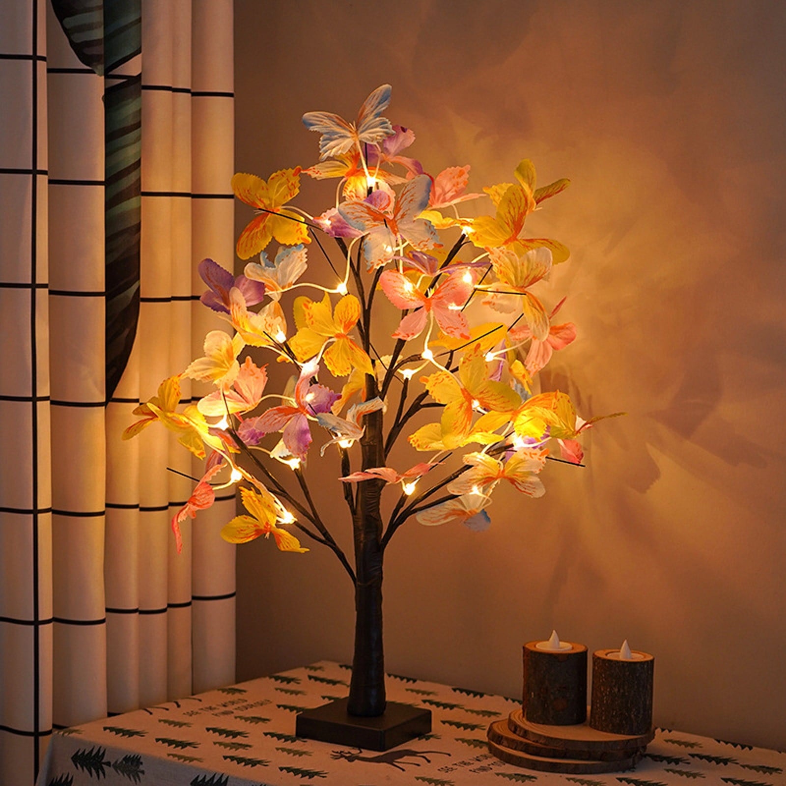 Konghyp LED Butterfly Tree Lights – White Birch Christmas Lights with Colorful Butterfly Ornaments, Ideal for Festive Decor and Creating a Magical Holiday Atmosphere.