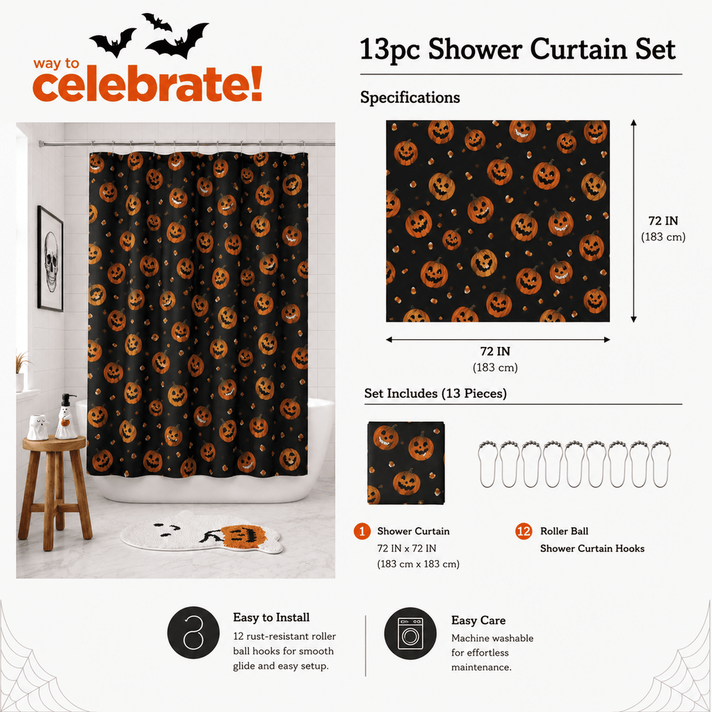 Way To Celebrate Jack-o'-Lantern Shower Curtain Set with 12 Hooks, Black