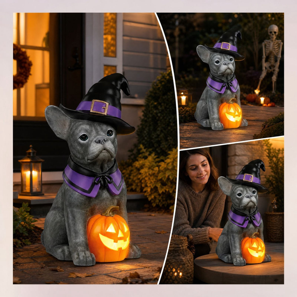 Clearance Halloween Schnauzer Bat Figurine with Ghost Bucket, 8 inch Resin Cute Dog Gifts Tabletop Decor