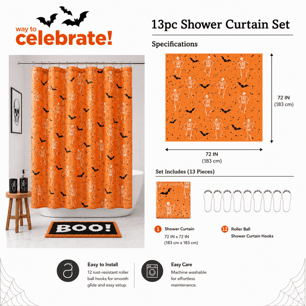Way To Celebrate 13-Piece Shake Your Bones Shower Curtain Set with Hooks, Orange