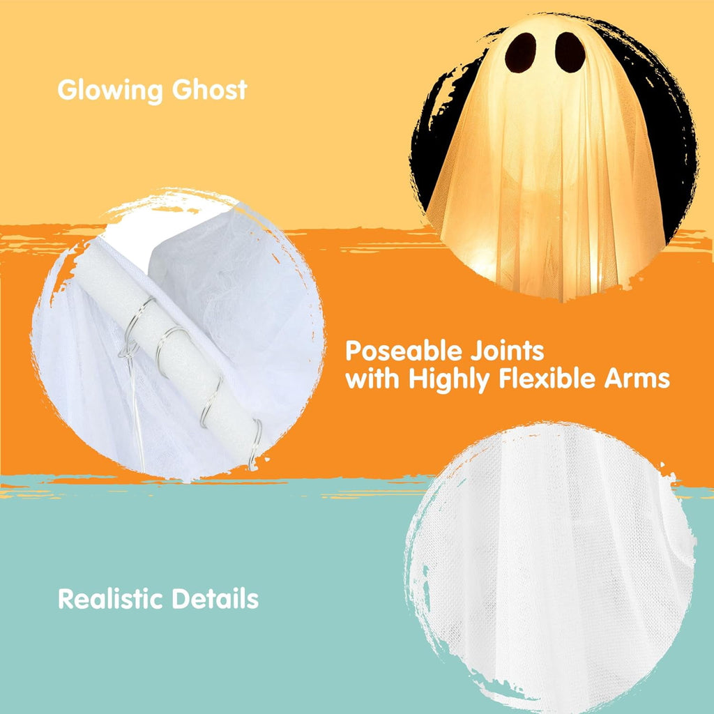 Joyfy 47" Halloween Hanging Light up Ghost Decorations Outdoor,White Ghosts with Blue LED Light and Timer Halloween Hanging Decoration Waterproof for Front Yard Patio Lawn