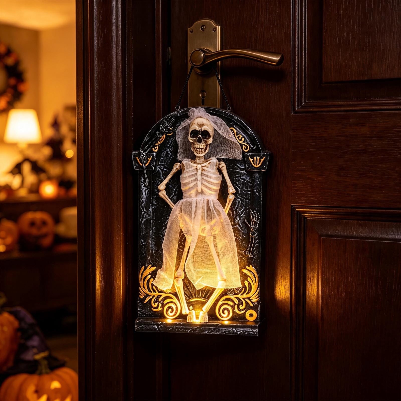 Halloween Animated Skeleton Tombstone Door Hanging Decor, Light Up Moving Skull Ornament with Warm LED, Gothic Front Door Wall Prop for Party Home