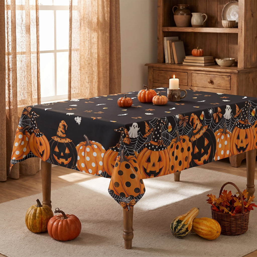 Sm:)e Spooky Ghost Pumpkin Spider Web Halloween Tablecloth 60x84 Inch, Wrinkle-Resistant & Machine Washable Table Cover for Dining Decor, Rectangle