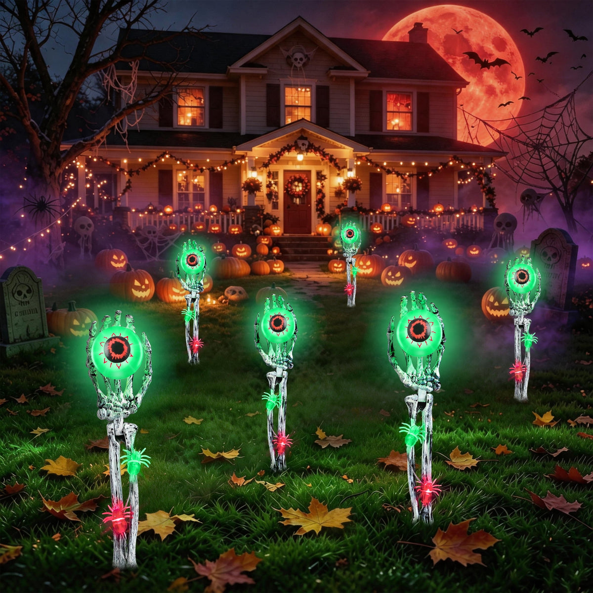 Toodour Halloween Pathway Lights Outdoor, Battery Operated Halloween Skeleton Hands with Light Up Eyeballs & Spiders, Waterproof Halloween Decor for Walkway Garden Yard Lawn, Red