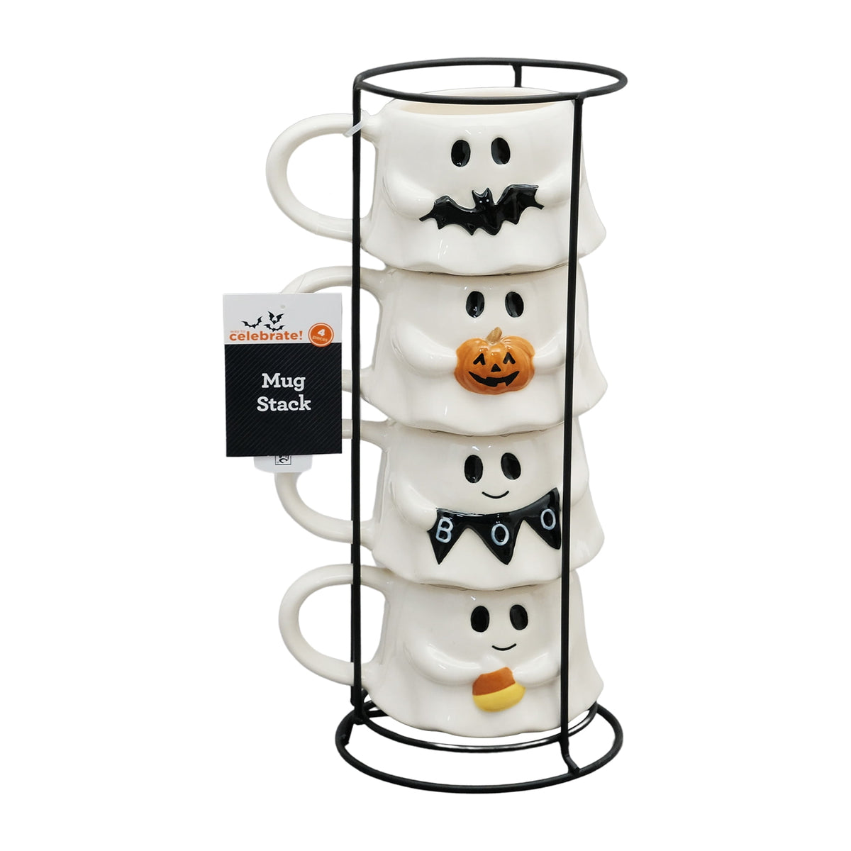 Way To Celebrate Halloween Ghost Stack Ceramic Mugs, 4-Pack, White, 12 fl oz