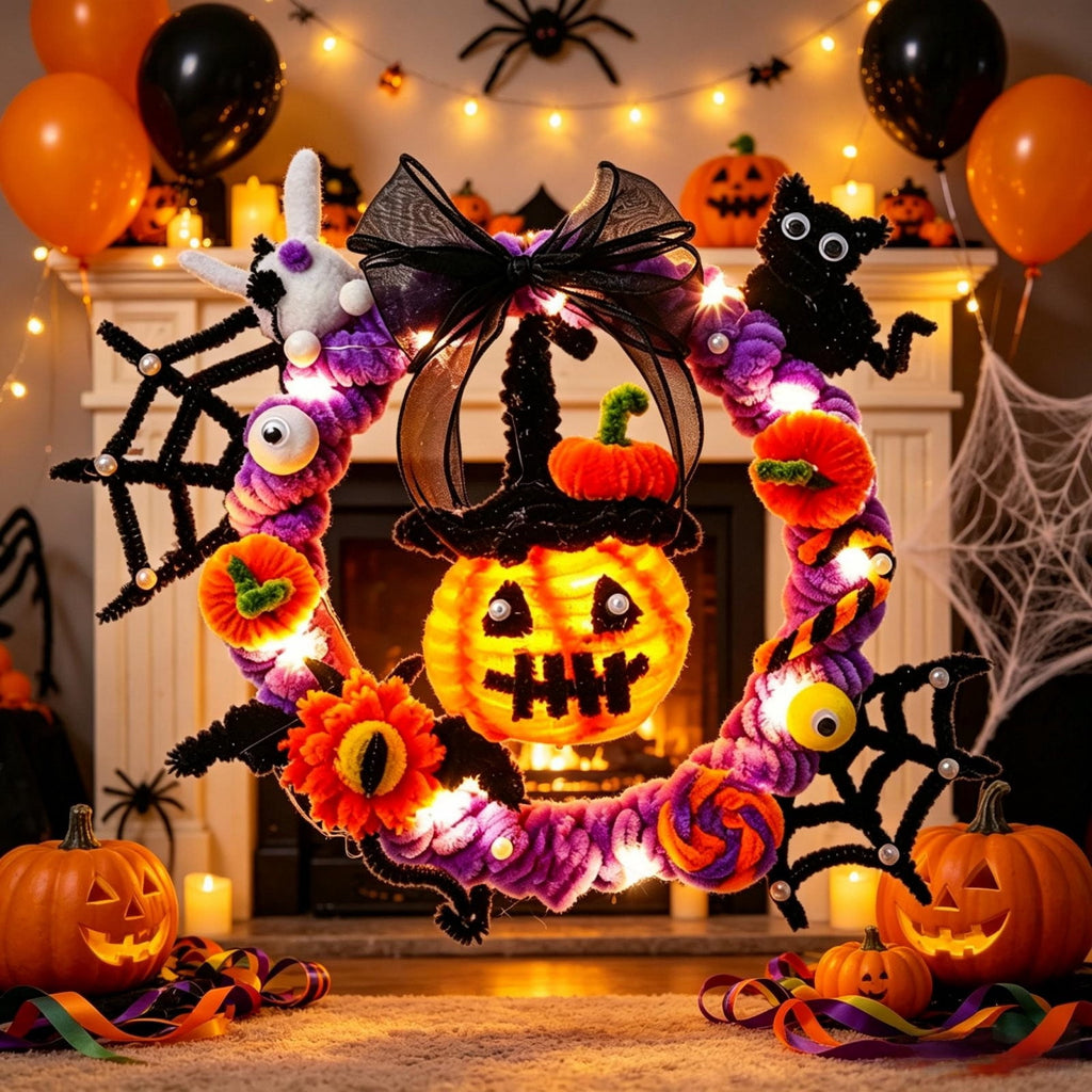 WWC Halloween Wreath, Orange LED Pumpkin and Bats Wreath, Gothic Halloween Decorations Wreath for Front Door, Indoor Outdoor Party Decor