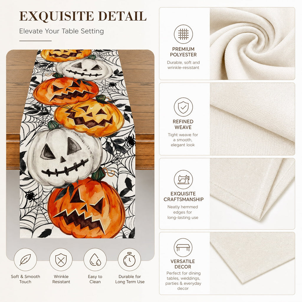 Smile Jack O Lantern Pumpkin Ghost Spider Halloween Table Runner 13 x 72 Inch